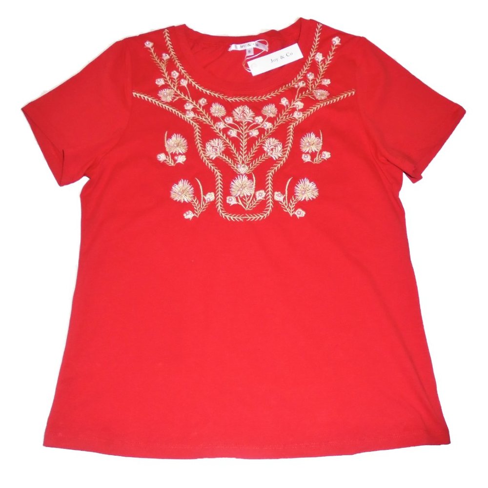 Top Embroidered Beaded Red T-Shirt short sleeve cotton blend New Joy & Co Medium